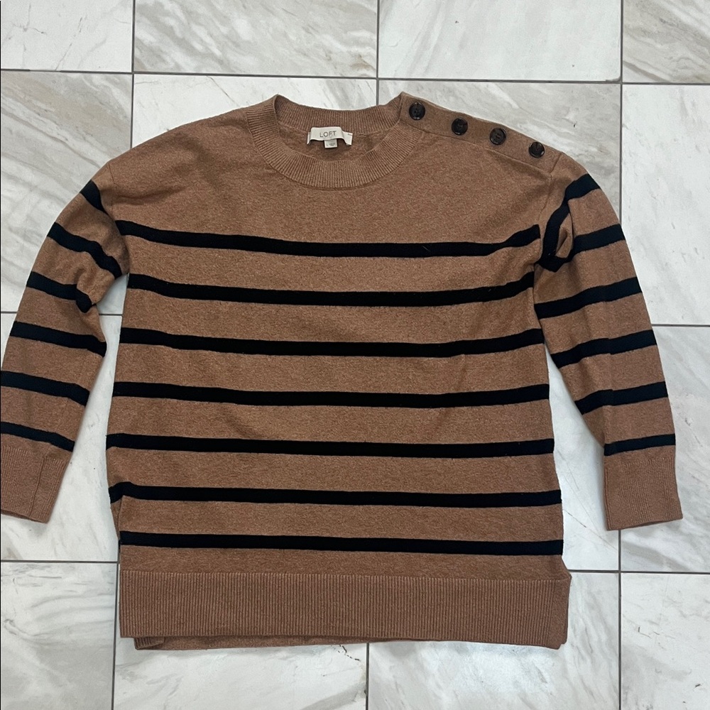 LOFT Women's Brown and Black Striped Crewneck Sweaters
